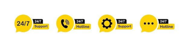24 7 iconos de soporte establecidos Soporte en línea amarillo plano Iconos vectoriales