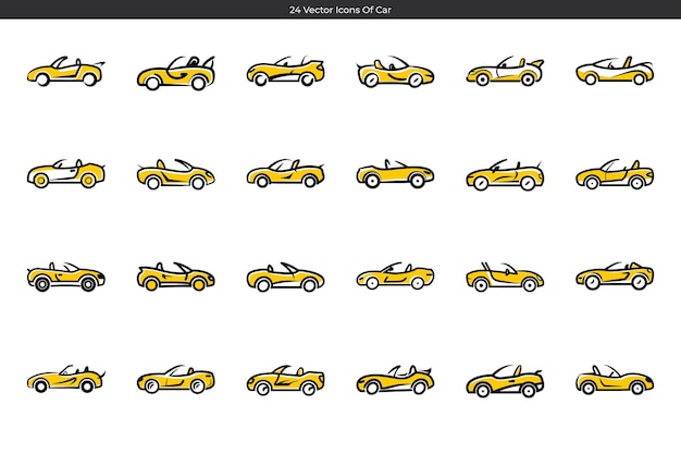 24 conjuntos de iconos de automóviles descapotables amarillos