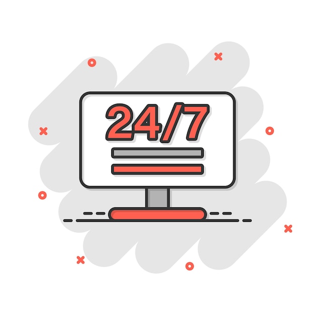 247 icono de computadora en estilo cómico Ilustración de vector de dibujos animados de servicio de todo el día sobre fondo blanco aislado Concepto de negocio de efecto de salpicadura de soporte