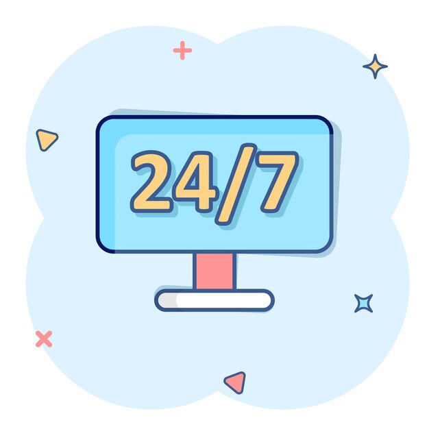 247 icono de computadora en estilo cómico Ilustración de vector de dibujos animados de servicio de todo el día sobre fondo blanco aislado Concepto de negocio de efecto de salpicadura de soporte