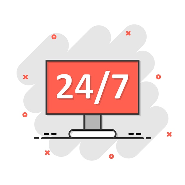 247 icono de computadora en estilo cómico Ilustración de vector de dibujos animados de servicio de todo el día sobre fondo blanco aislado Concepto de negocio de efecto de salpicadura de soporte