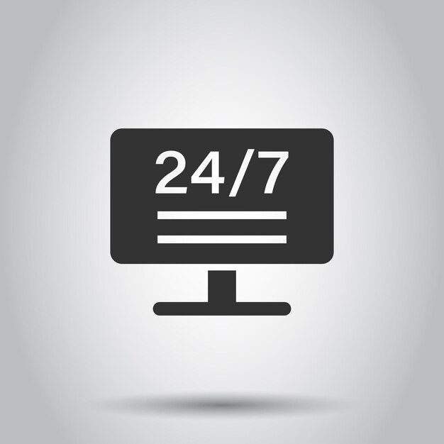 247 icono de computadora en estilo plano Ilustración de vector de servicio todo el día sobre fondo blanco aislado Concepto de negocio de soporte