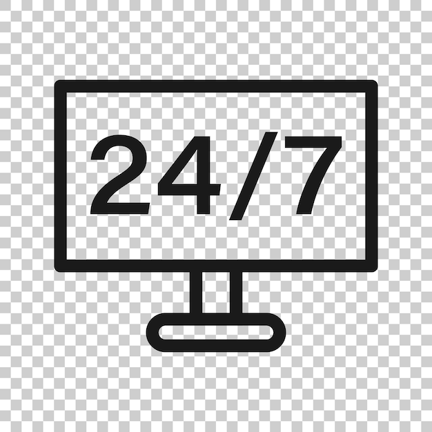 247 icono de computadora en estilo plano Ilustración de vector de servicio todo el día sobre fondo blanco aislado Concepto de negocio de soporte