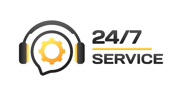247 Icono de servicio Icono de auriculares y engranaje Estilo plano Icono de vector