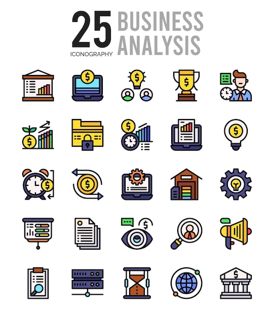 25 Análisis de negocios Color lineal paquete de iconos ilustración vectorial