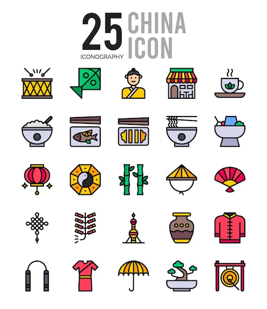 25 China Color lineal paquete de iconos ilustración vectorial