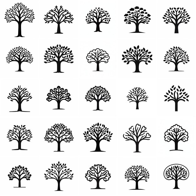 25 conjunto de iconos de bosque de rama de árbol contorno negro