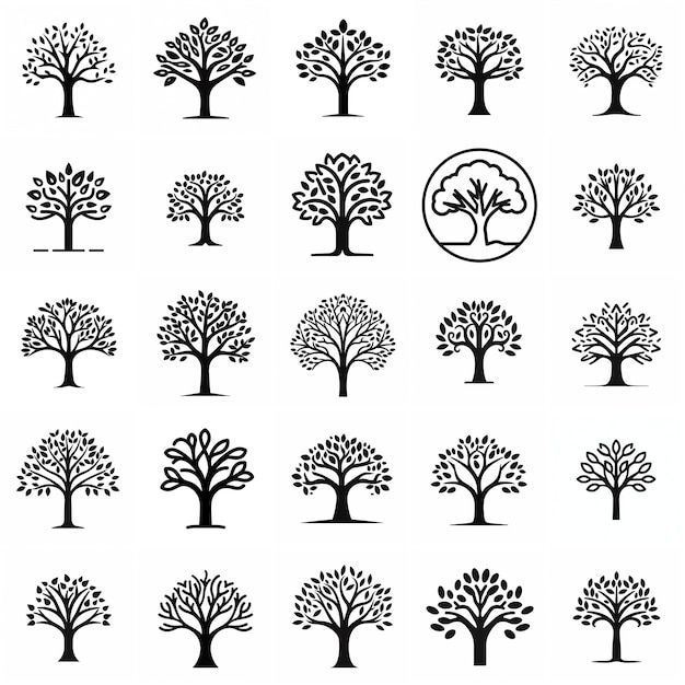 25 conjunto de iconos de bosque de rama de árbol contorno negro