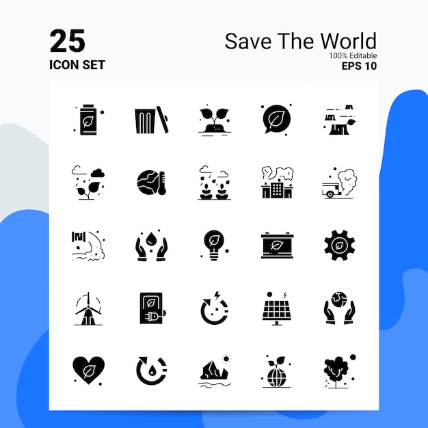 25 Conjunto de iconos de Save The World Logotipo de empresa Ideas de concepto Icono de glifo sólido