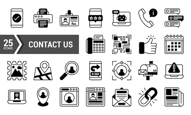 25 Contacte con nosotros Iconos Lineal Rellenar en blanco y negro