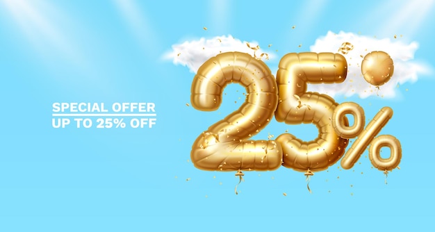 25 de descuento Composición creativa 3d Símbolo de venta dorada con objetos decorativos confeti dorado