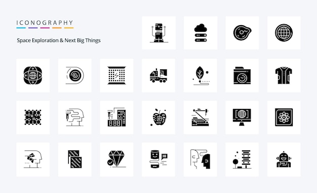 25 Exploración espacial y próximas grandes cosas Paquete de iconos de glifos sólidos Ilustración de iconos vectoriales