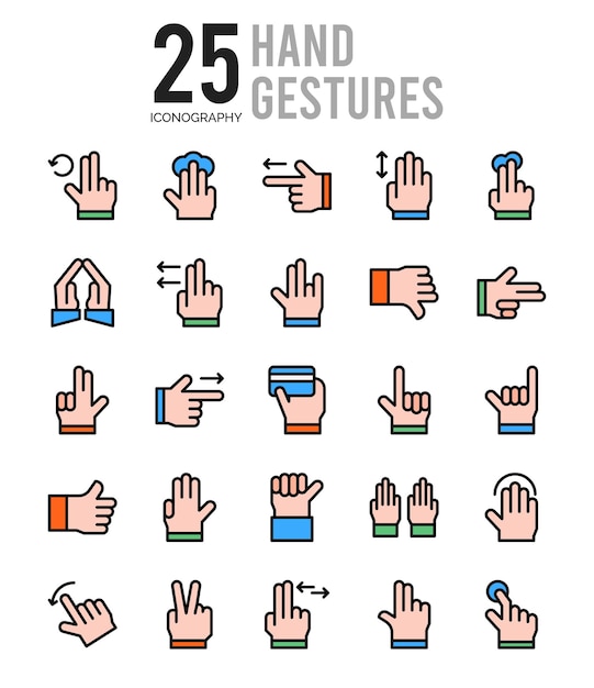 Vector 25 gestos con las manos color lineal paquete de iconos ilustración vectorial