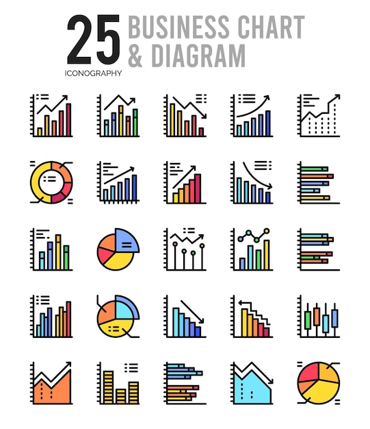 25 Gráfico de negocios y diagrama de color lineal paquete de iconos ilustración vectorial