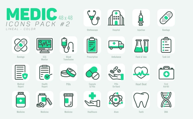 Vector 25 iconas médicas de contorno pack 2 icones médicas vectoriales conjunto de estilo de color