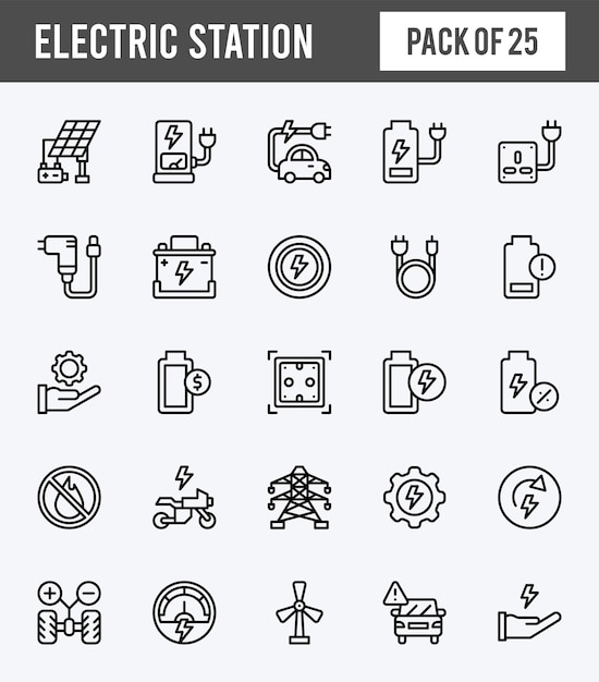 25 iconos ampliados lineales de la estación eléctrica empaquetan ilustración vectorial