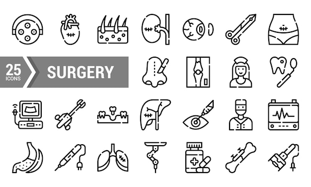 25 Iconos de cirugía de corte lineal para sitios web y aplicaciones médicas