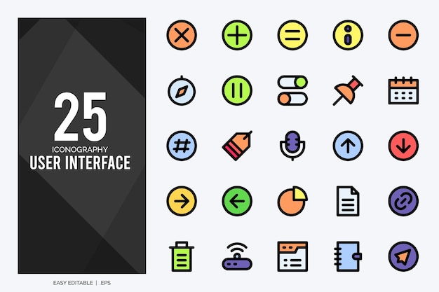 25 iconos de color lineal de interfaz de usuario empaquetan ilustración vectorial