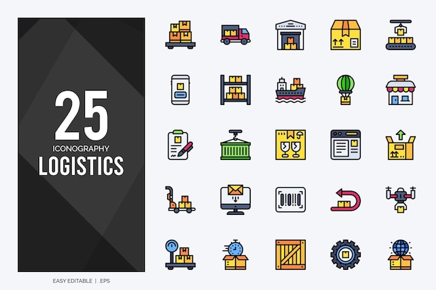 25 iconos de color lineal de logística pack ilustración vectorial