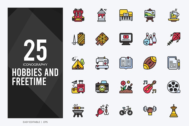 25 iconos de color lineal de pasatiempos y tiempo libre empaquetan ilustración vectorial