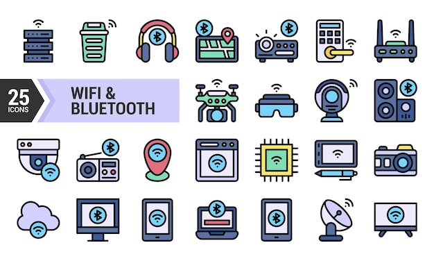 25 Iconos coloridos para la conectividad Wi-Fi y Bluetooth