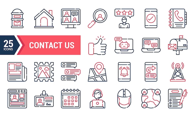 25 Iconos de contacto con nosotros en estilo de línea roja y azul