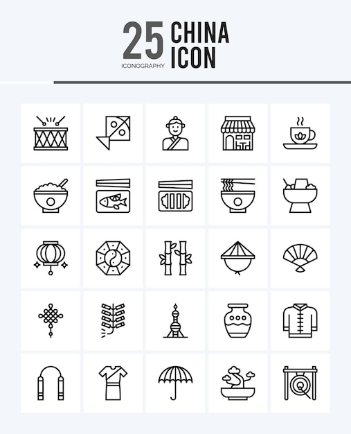 25 iconos de contorno de China Pack ilustración vectorial