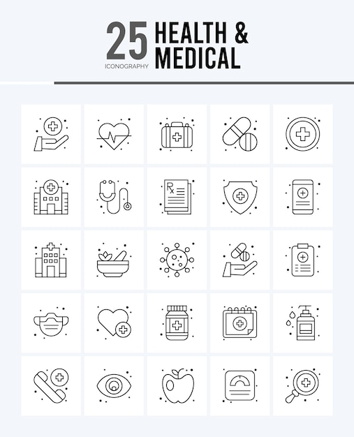 25 Iconos de contorno médico y de salud Pack ilustración vectorial