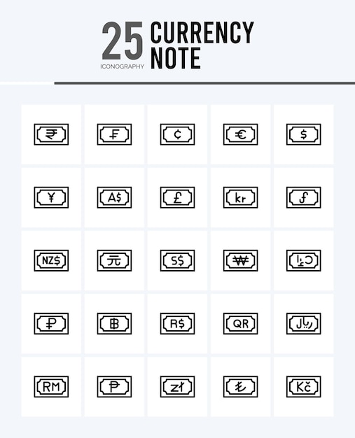 25 Iconos de contorno de nota de moneda Pack ilustración vectorial