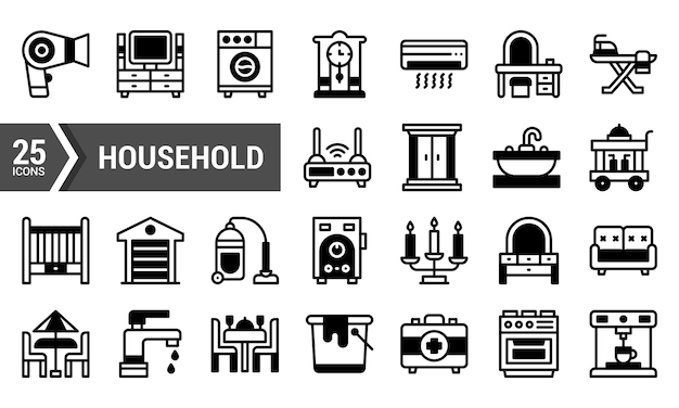 25 Iconos domésticos en estilo de relleno lineal