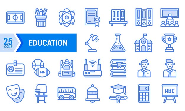 25 íconos educativos de línea azul para el diseño de sitios web o aplicaciones