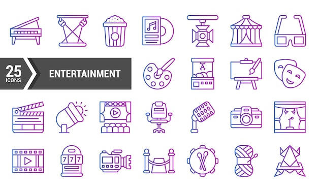 25 Iconos de entretenimiento con diseño de colores gradientes