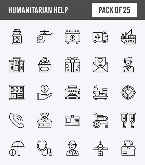 25 iconos expandidos lineales de ayuda humanitaria empaquetan ilustración vectorial