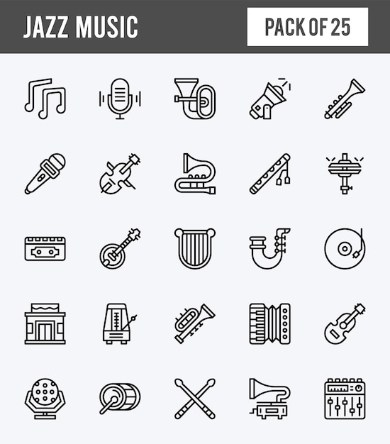 25 iconos expandidos lineales de música jazz pack ilustración vectorial