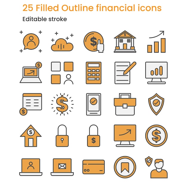 25 Iconos financieros con esquema de relleno moderno