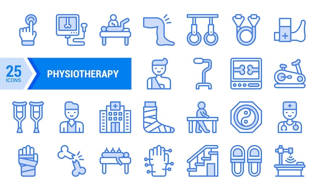 25 íconos de fisioterapia de línea azul para sitios web y aplicaciones de atención médica