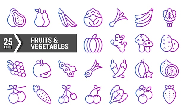 25 Iconos de frutas y verduras con líneas gradientes
