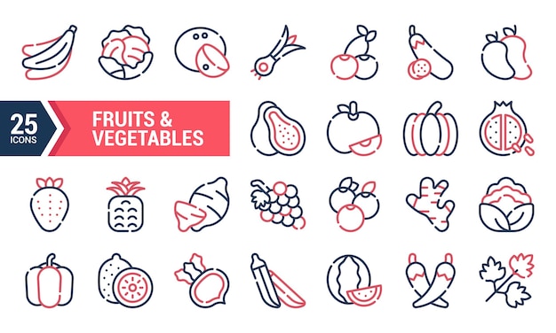 25 Iconos de frutas y verduras en rojo y azul