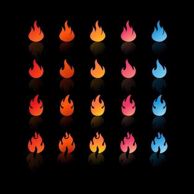 25 iconos de fuego con diferentes gradientes y formas en colores que van desde rojo naranja amarillo rosa a