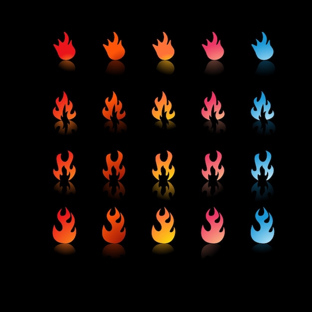 25 iconos de fuego con diferentes gradientes y formas en colores que van desde rojo naranja amarillo rosa a
