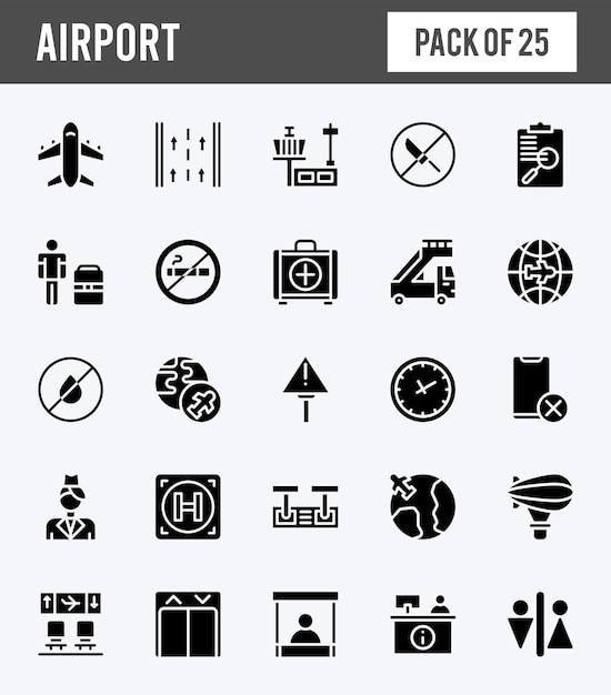 25 iconos de glifos de aeropuerto pack ilustración vectorial