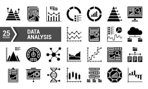 25 Iconos de glifos de análisis de datos para la web y el móvil