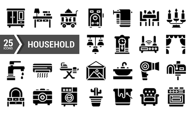 25 íconos de glifos domésticos para diseño web y aplicaciones móviles