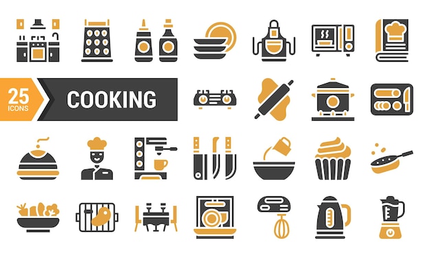 25 Iconos de glifos de dos colores para cocinar y preparar alimentos