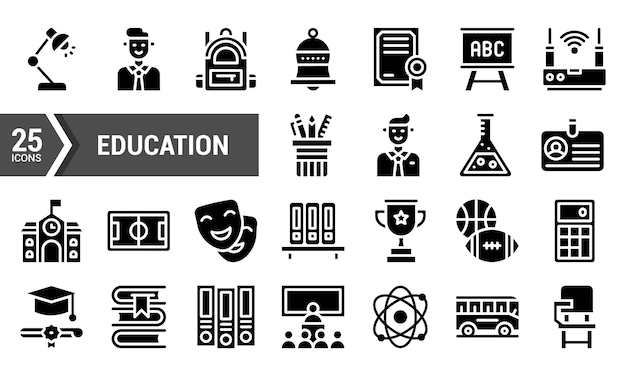 25 Iconos de glifos para la educación y el aprendizaje