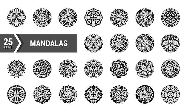 25 íconos de glifos de mandala en blanco y negro para proyectos de diseño