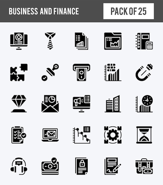 25 iconos de glifos de negocios y finanzas empaquetan ilustración vectorial