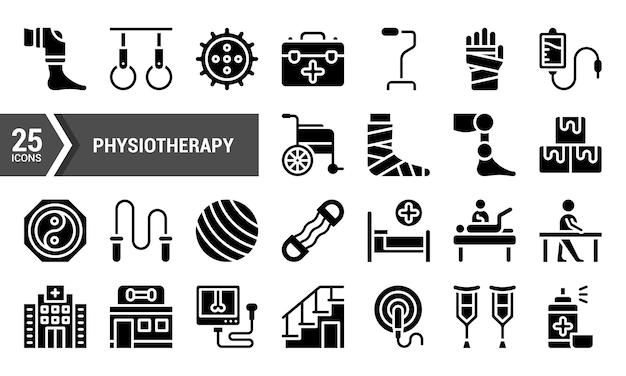 25 Iconos de glifos negros para la fisioterapia y la rehabilitación
