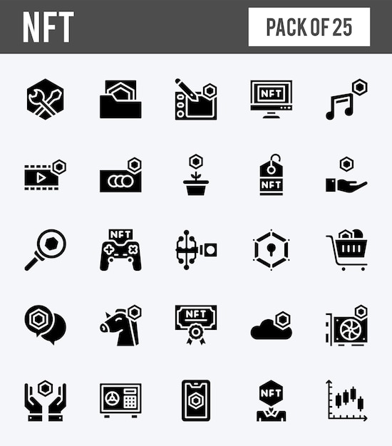 25 iconos de glifos NFT empaquetan ilustración vectorial