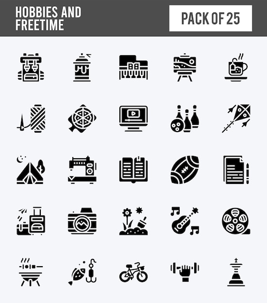 25 iconos de glifos de pasatiempos y tiempo libre empaquetan ilustración vectorial